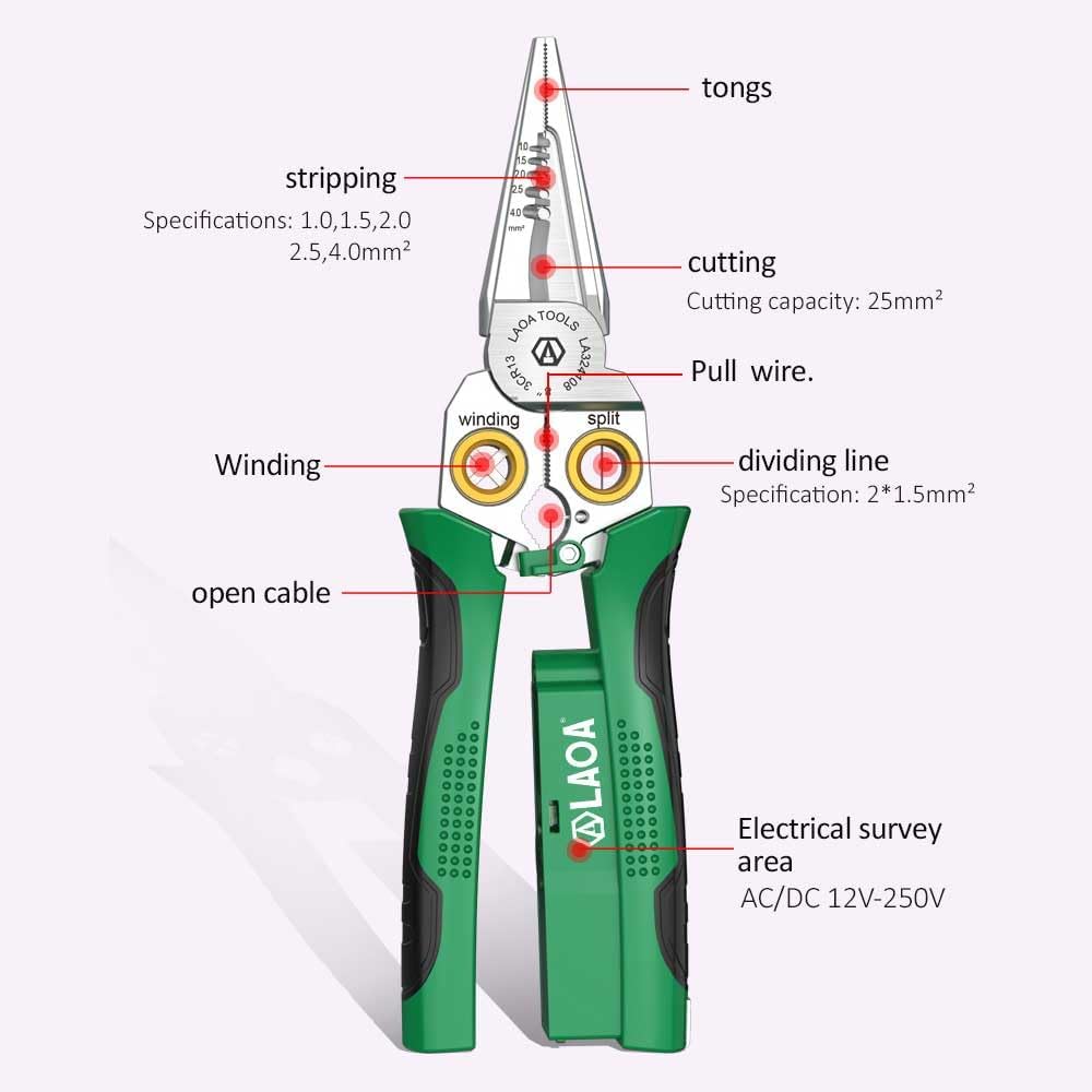 LAOA Electrician Pliers Multi-function Wire Stripper 8-in-1 Stainless Steel Needle-nose Pliers with Electrical Measurement