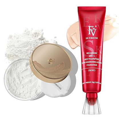 FV Waterproof Foundation with Translucent Setting Powder, Long Lasting & Matte Finish, Lightweight Foundation Makeup Set for Oily/Normal Skin, Pore Minimizer & Oil-Control, Ivory & Shimmer Sheer